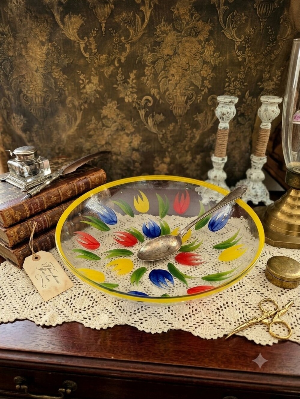 Vintage Retro Painted Tulip Textured Glass Bowl